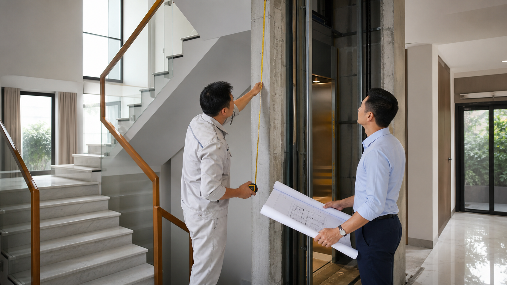 Không gian thang máy kính gia đình hoàn thiện giúp gia chủ dễ chốt phương án thang máy gia đình