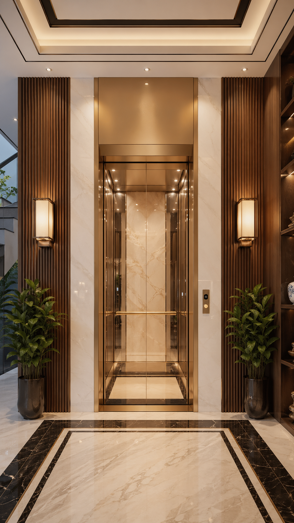 Thang máy gia đình an toàn cho người lớn tuổi — Cabin inox champagne FUJI TH